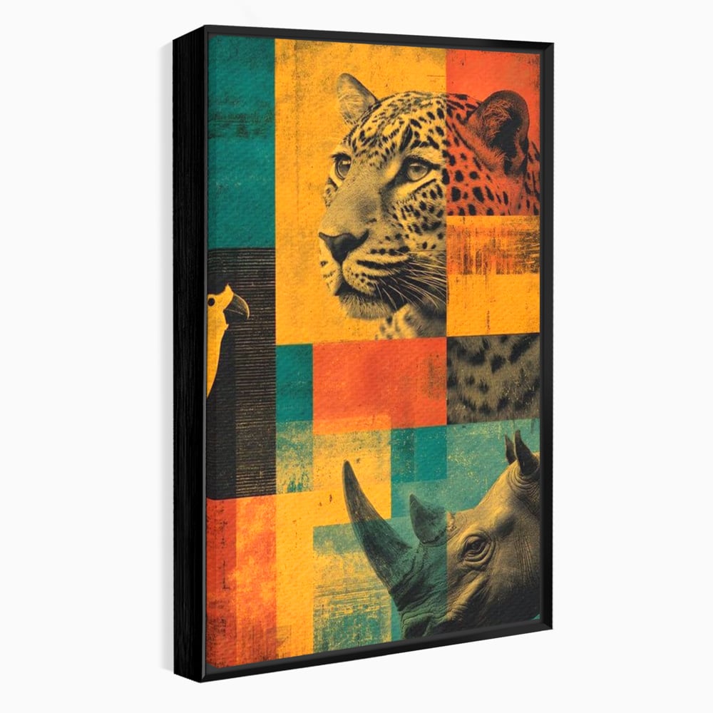 Tablou canvas cu tablou vertical cu leopard si rinocer, in rama de aluminiu negru